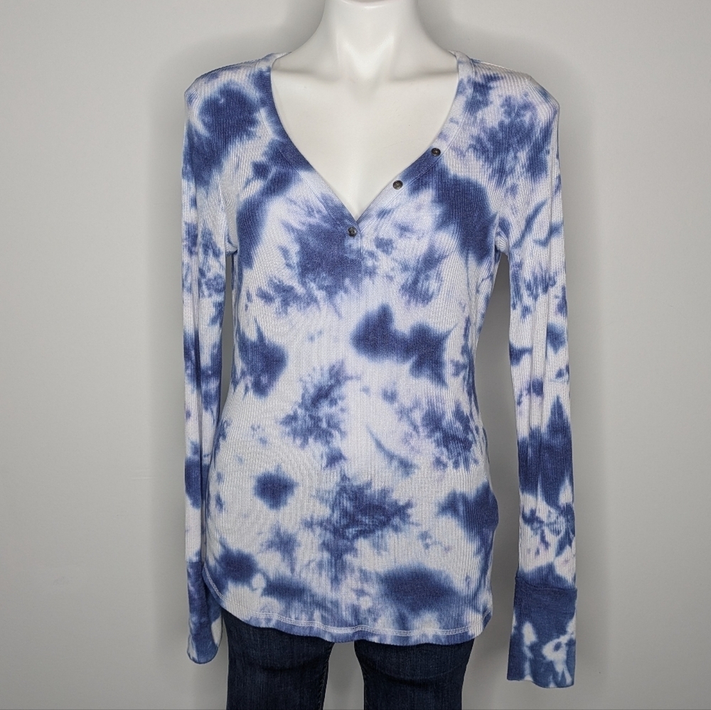 PJ Salvage Blue White Tie Dye Button V Neck Long Sleeve Pajama Lounge Top M